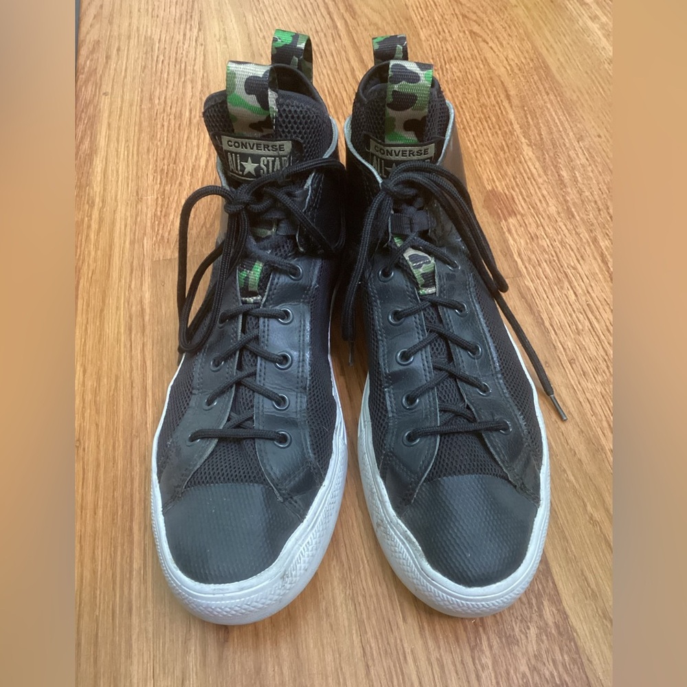 SALE - Converse Black High-Tops with Camo Accents, size 10